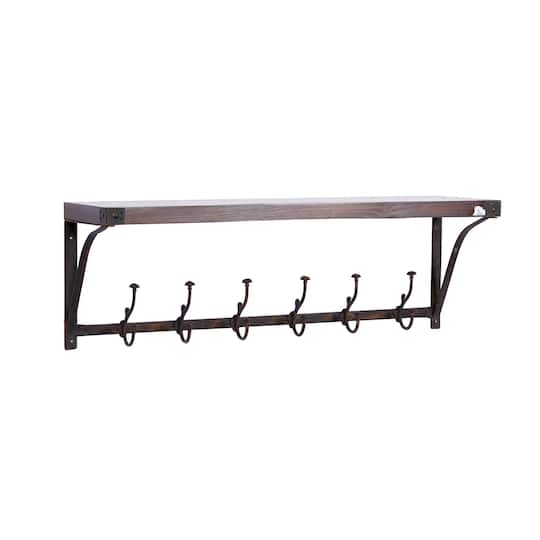 Brown Wood Industrial Wall Hooks with Shelf